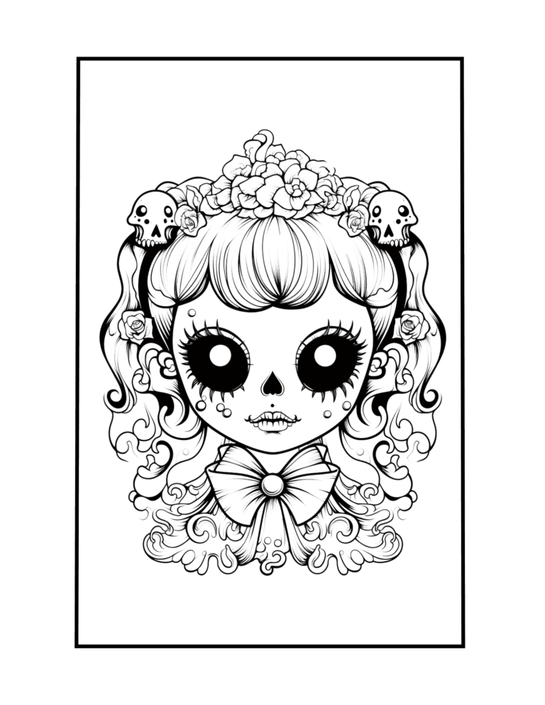 creepy cute skull girls coloring page