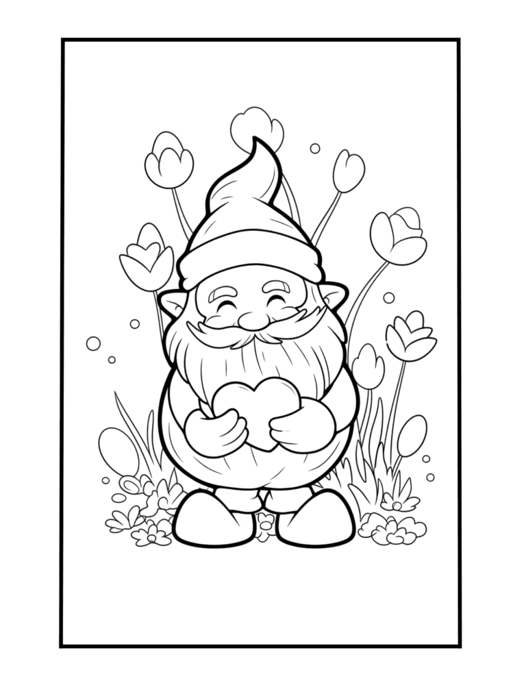 cute coloring sheet with gnome and heart