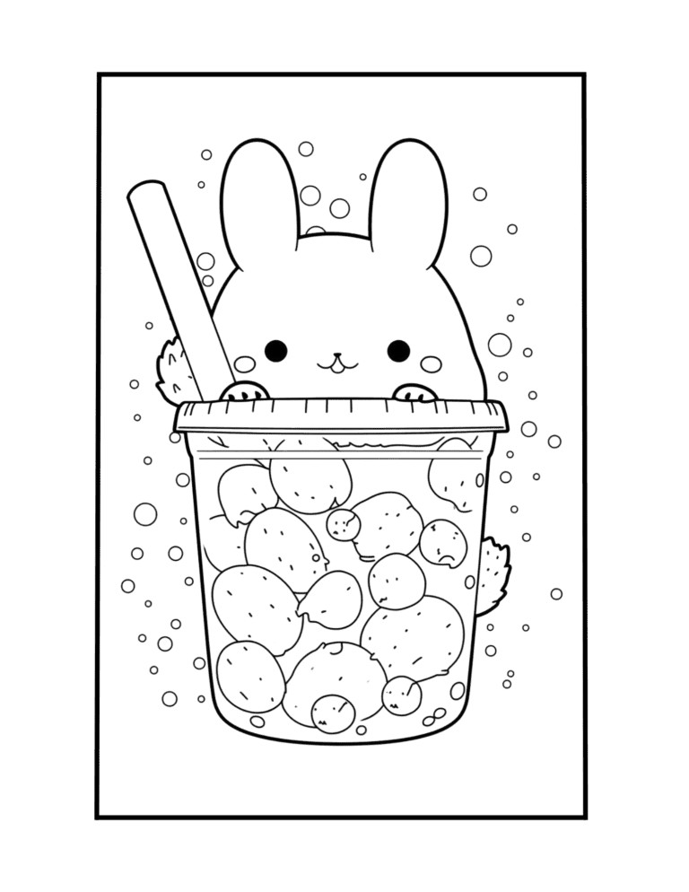 Boba Tea Coloring Page With Kawaii Rabbit