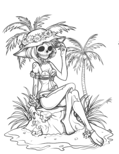 skeleton on tropical island coloring sheet