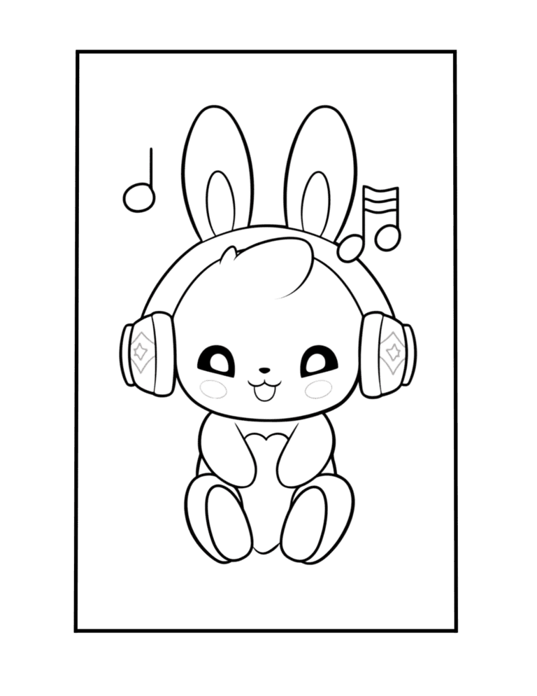 cute kawaii rabbit to color is listening musis