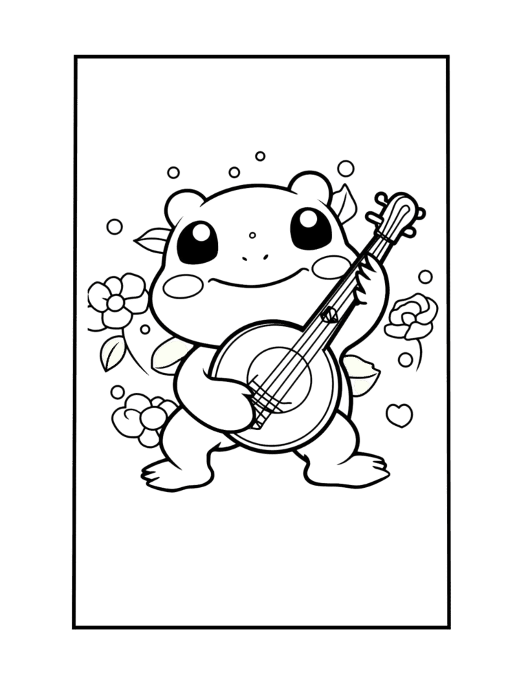 kawaii frog is playing banjo cute coloring sheet