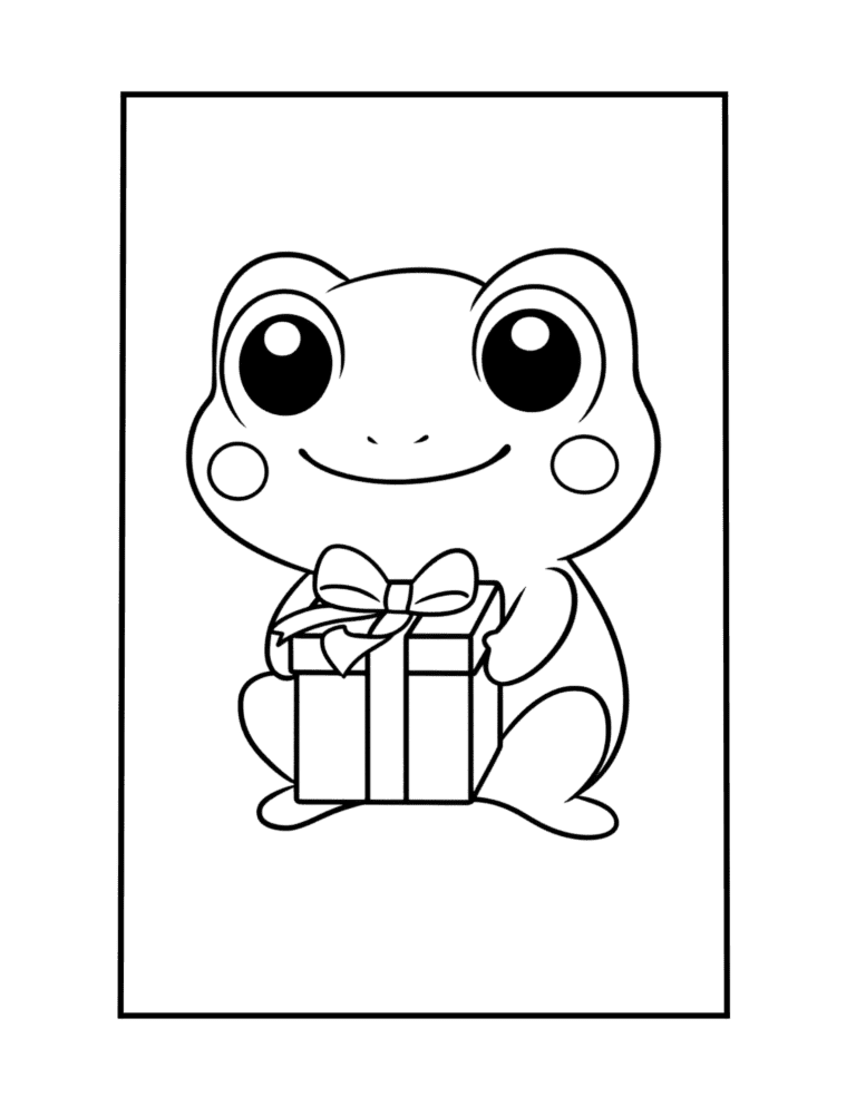 adorable frog with gift. Free PDF printables for kids and adults