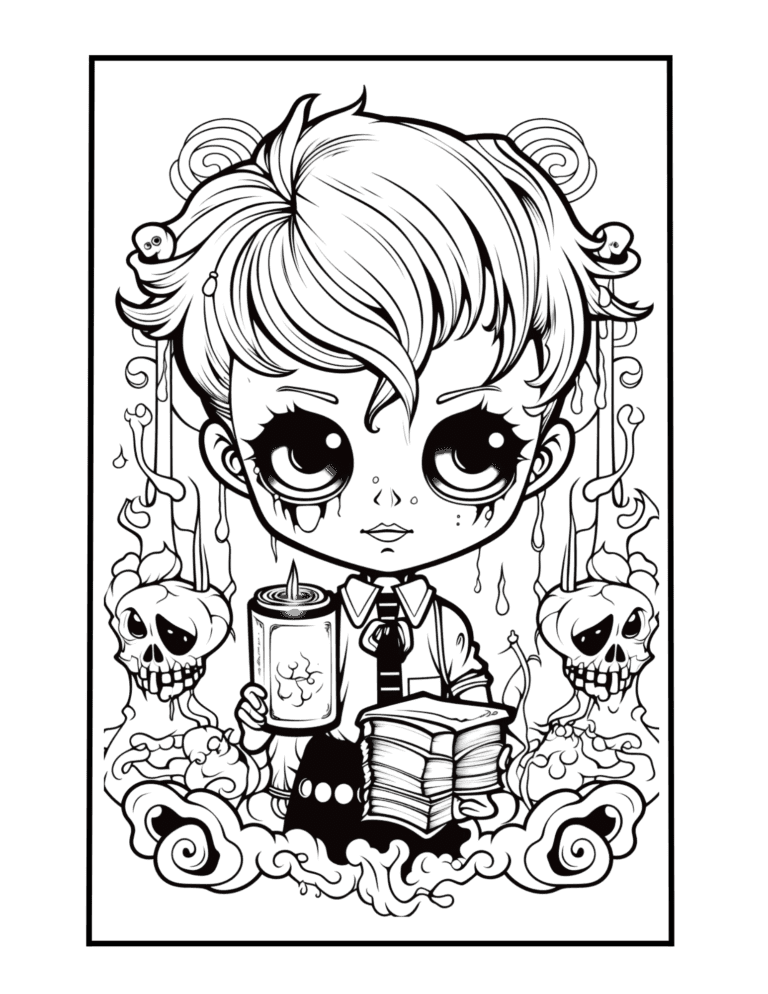 gothic creepy coloring page with cute boy and creepy background