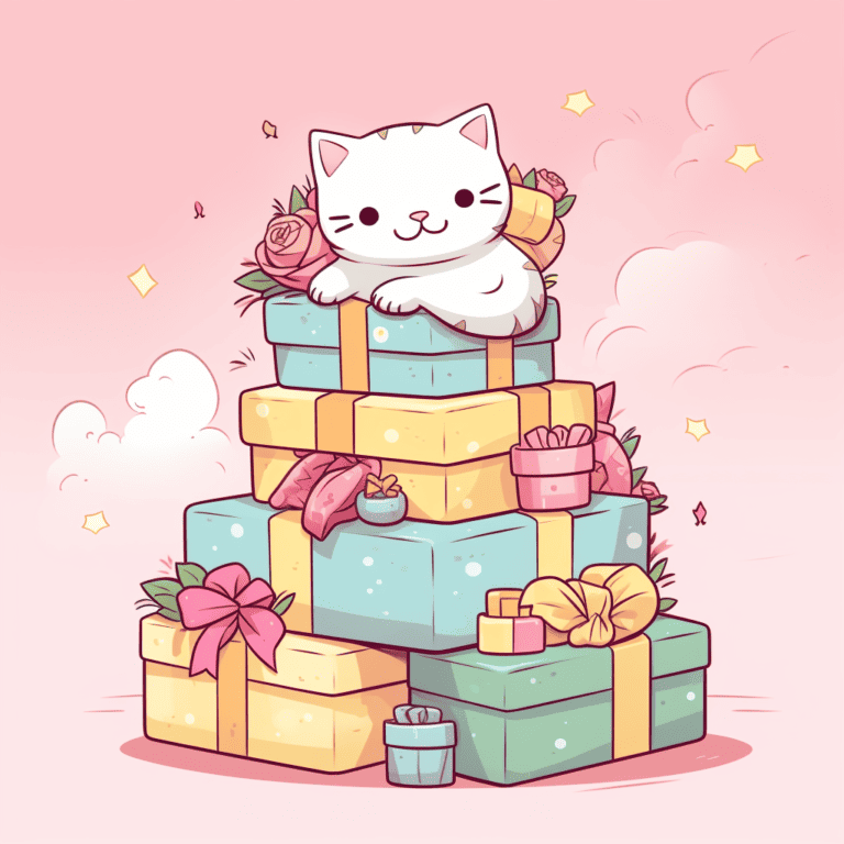 stack pile of kawaii gifts and cute cat at the top