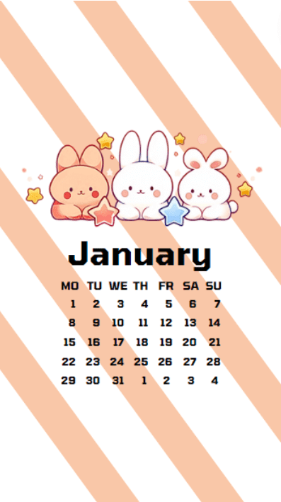 January Wallpaper monthly calendar with cute rabbits