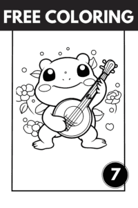Kawaii Frog Coloring Pages: 7 Cute Coloring Sheets feature image of frog. This cute frog is playing banjo