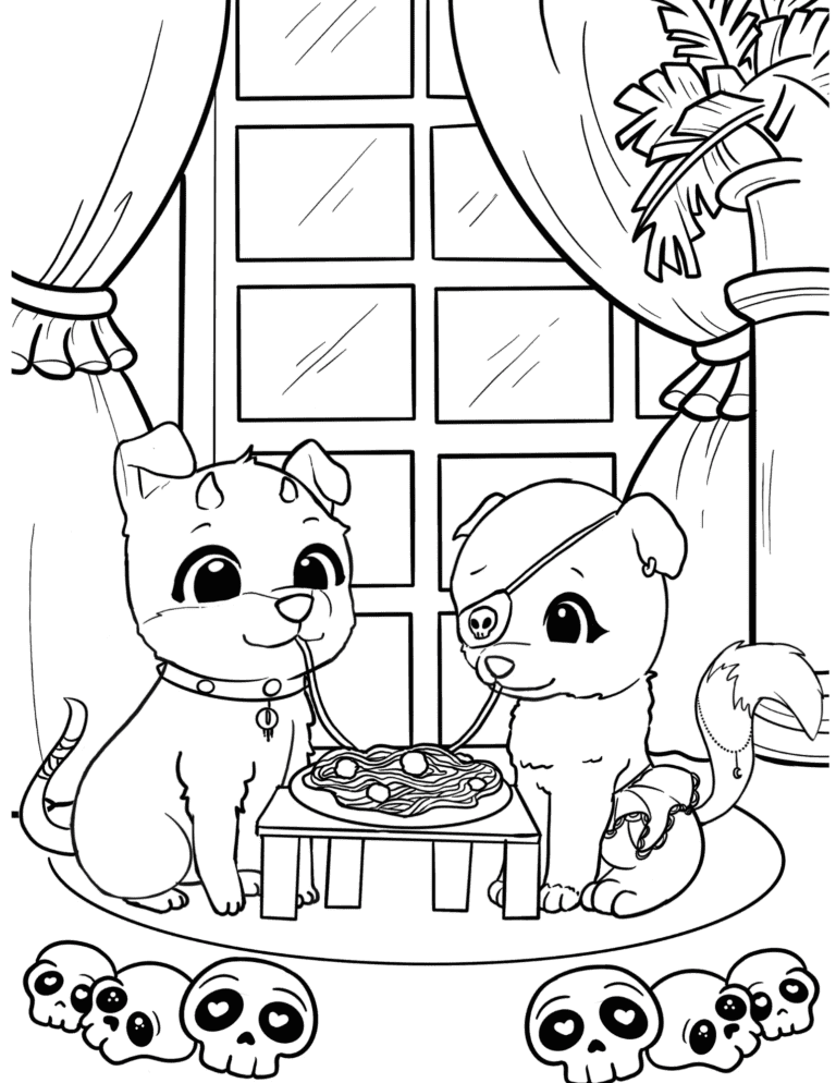 valentine coloring pages with cute dogs during romantic dinner. Cute pastel goth style