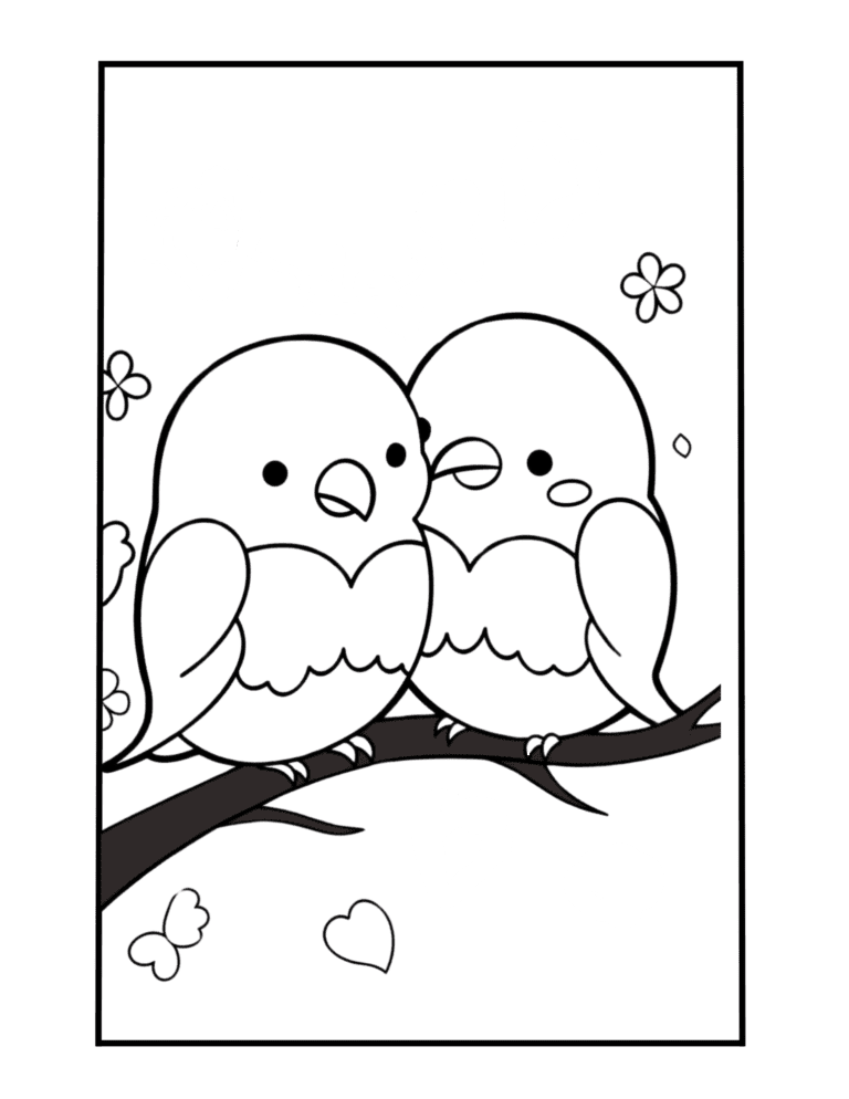 kawaii coloring page with birds