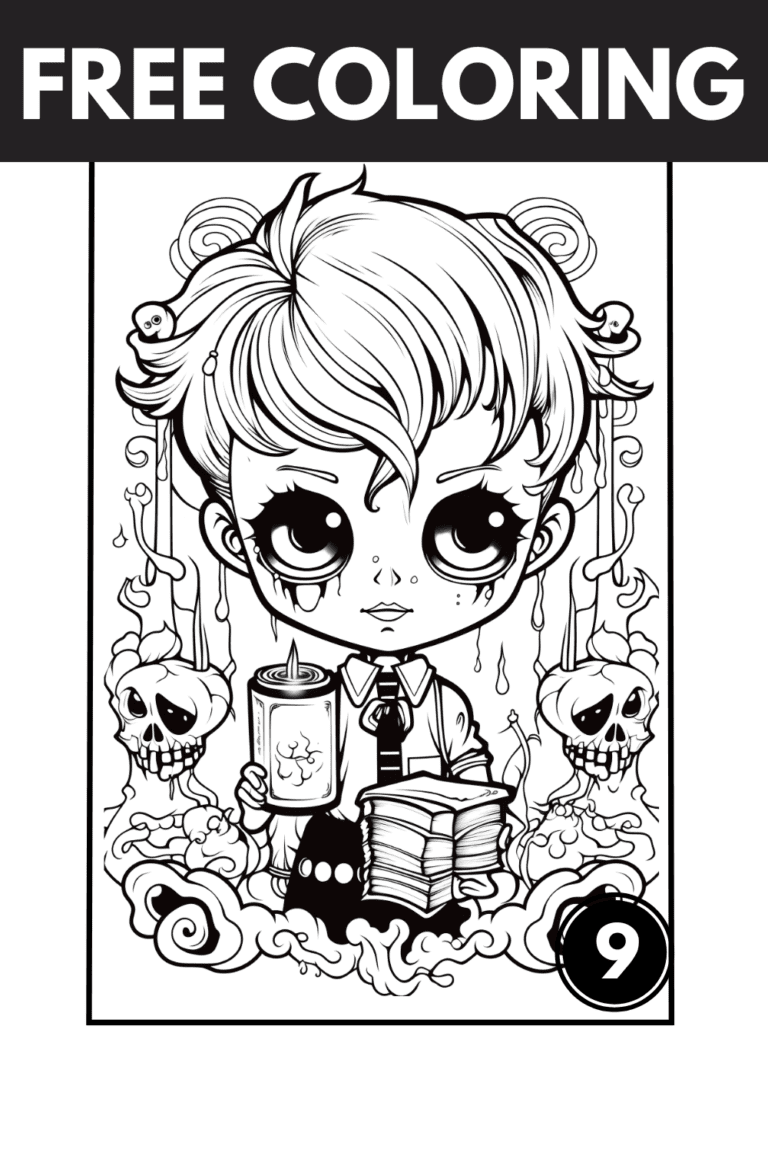 Gothic Creepy Coloring Pages: Cute Coloring Sheets feature image with boy in creepy scenery