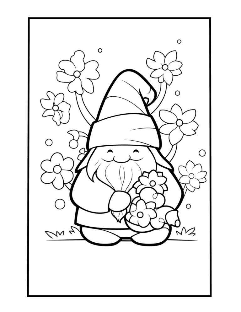 spring coloring page with gnome