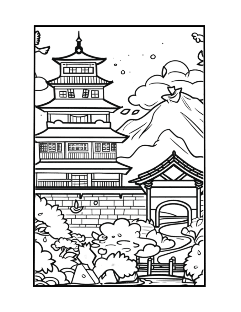 Japanese landscape coloring page