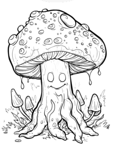 coloring page with mushroom creatures