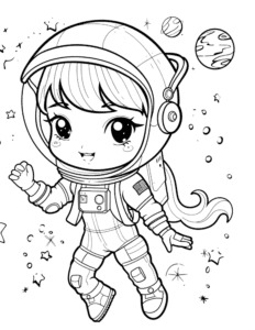 chibi girl in space between stars coloring page