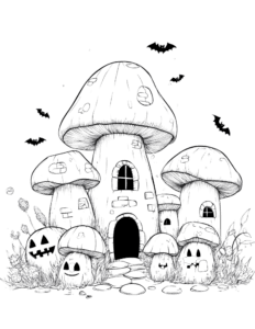 Halloween mushroom castle with pumpkin halloween decoration coloring page