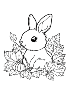 Cute Rabbit Autumn Coloring Page and fall leaves