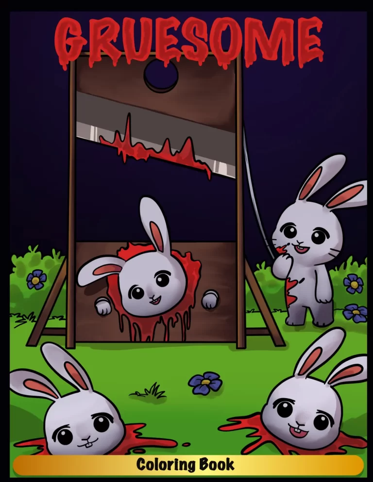 Gruesome coloring book cover with kawaii horror rabbits 