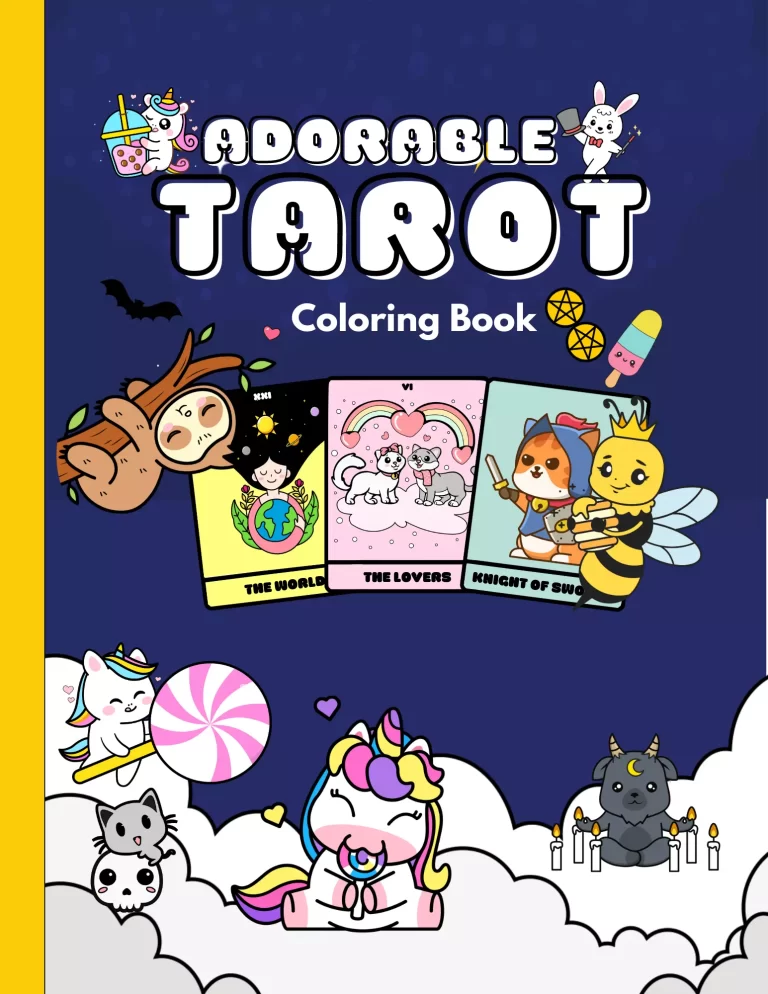 Adorable tarot coloring boook cover with kawaii characters and cards