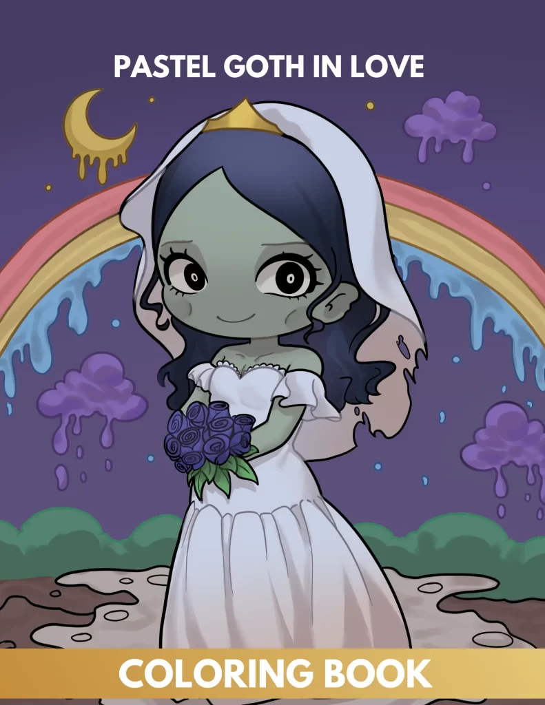 Pastel goth in love coloring book cover with zombie bride