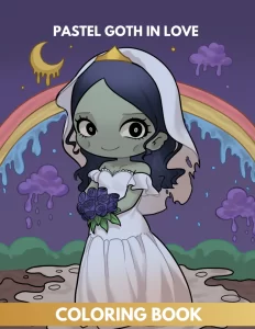 Pastel goth in love coloring book cover with zombie bride