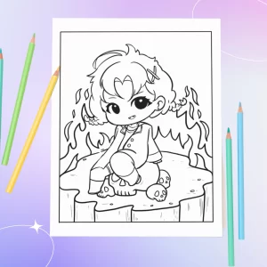 Christmas Pastel Goth Creepy Cute COloring page example - chibi devil and winter fireplace
