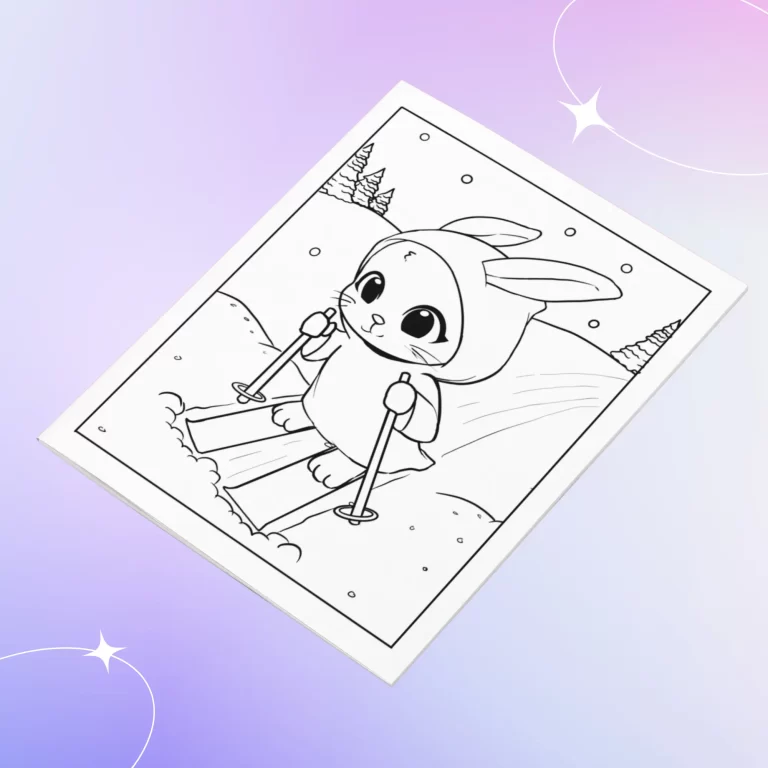 Christmas Pastel Goth Creepy Cute COloring page example - bunny skiing