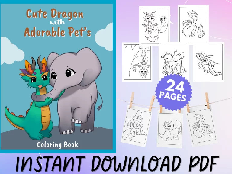 Cute dragon with adorable pets coloring book cover