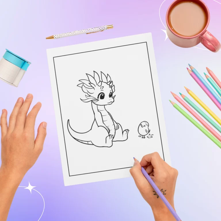 Cute dragon with adorable pets coloring book - dragon with chicken best friends