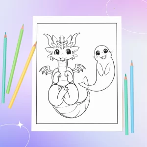 Cute dragon with adorable pets coloring book - dragon with seal best friends
