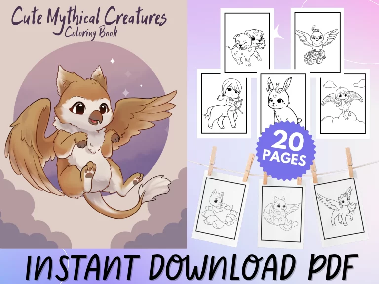Cute mythical creature, fantasy beast coloring book cover
