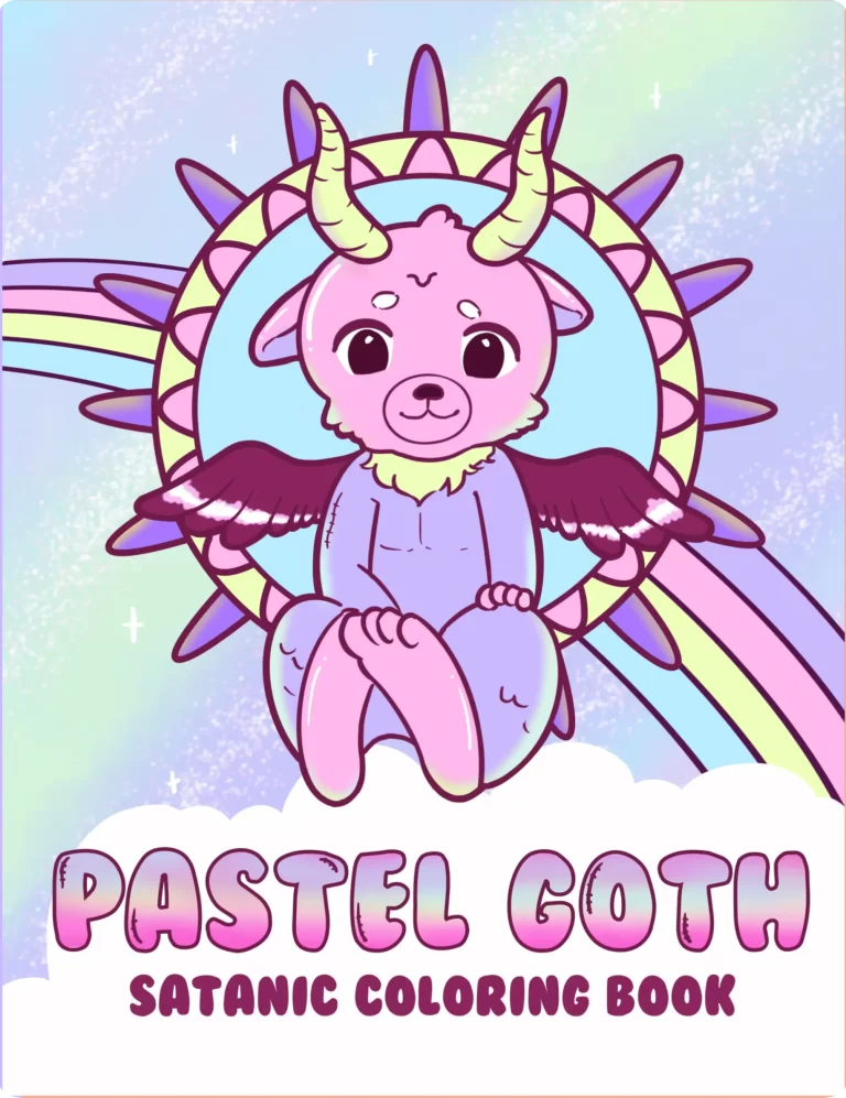 Pastel goth satanic coloring book cover with kawaii baphomet