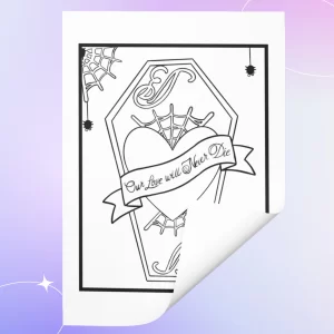 Pastel goth in love coloring book for adult coloring page example - coffin - our love will never die