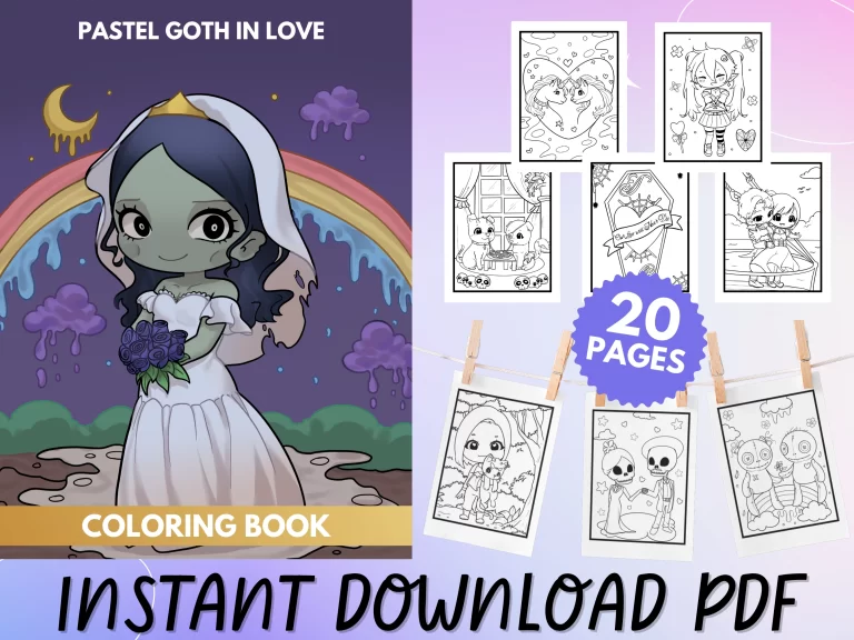 Pastel goth in love coloring book for adult cover with coloring page examples