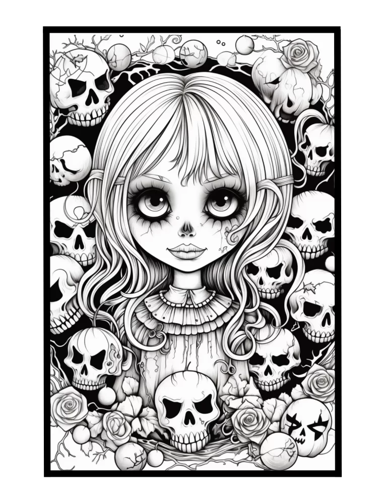 Black White drawing of happy but spooky girl with skulls around
