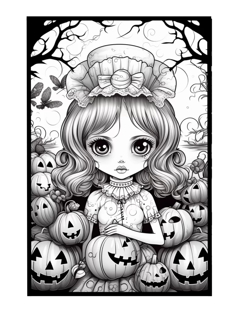 Victorian girl and jack o'lantern pumpkins grayscale coloring page