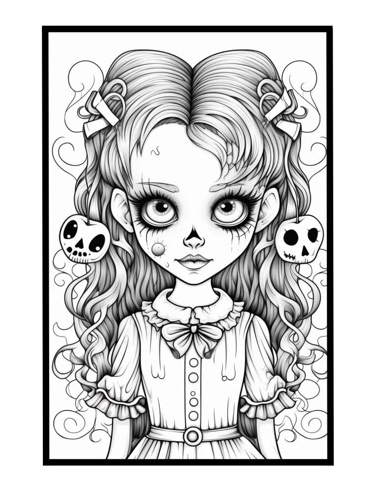 victorian kawaii goth girl coloring page for halloween