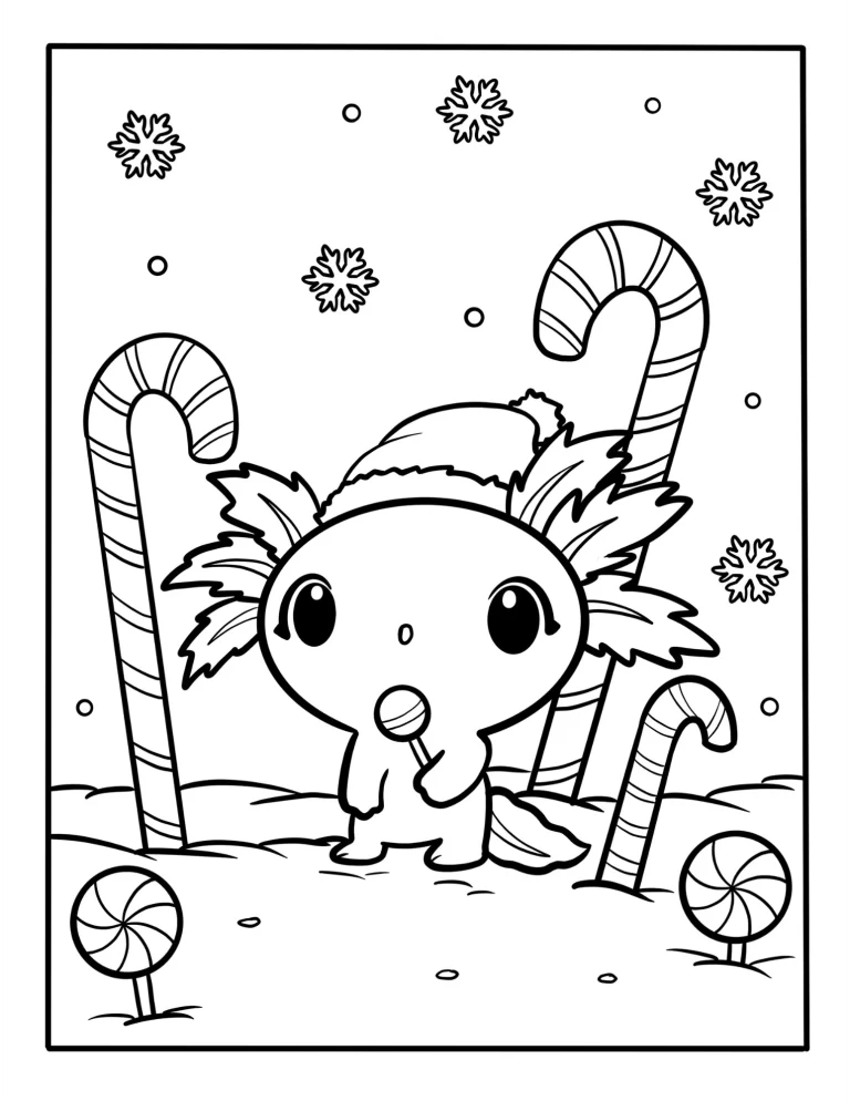 free christmas coloring page with cute axolotl in christmas time