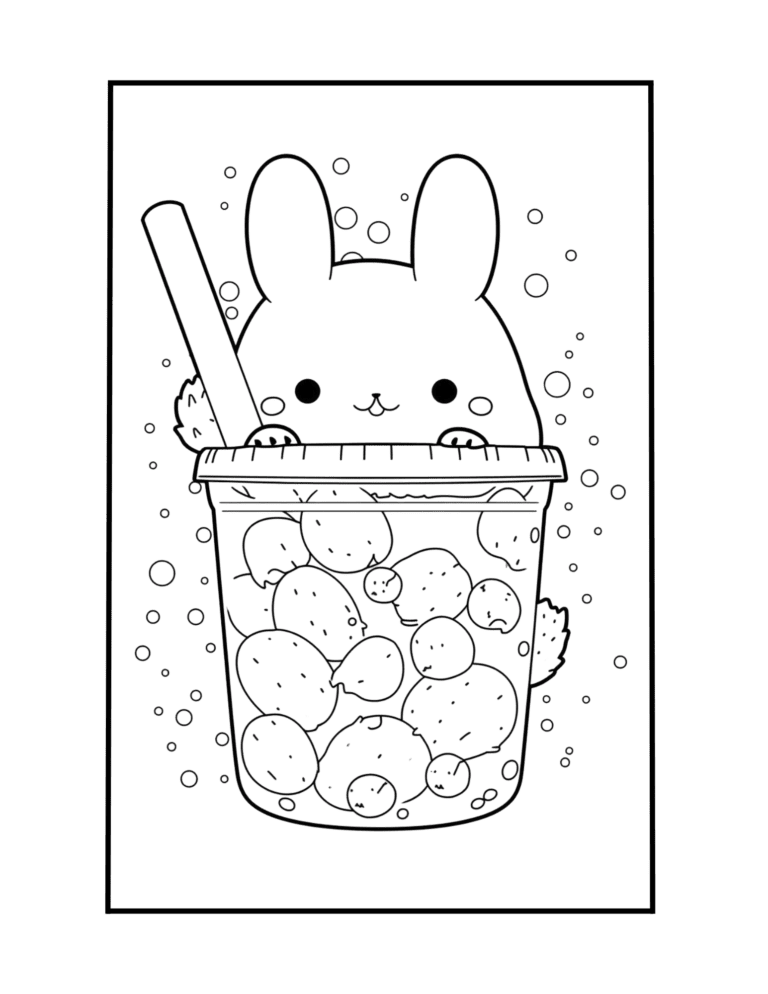 Boba Tea Coloring Page With Kawaii Rabbit