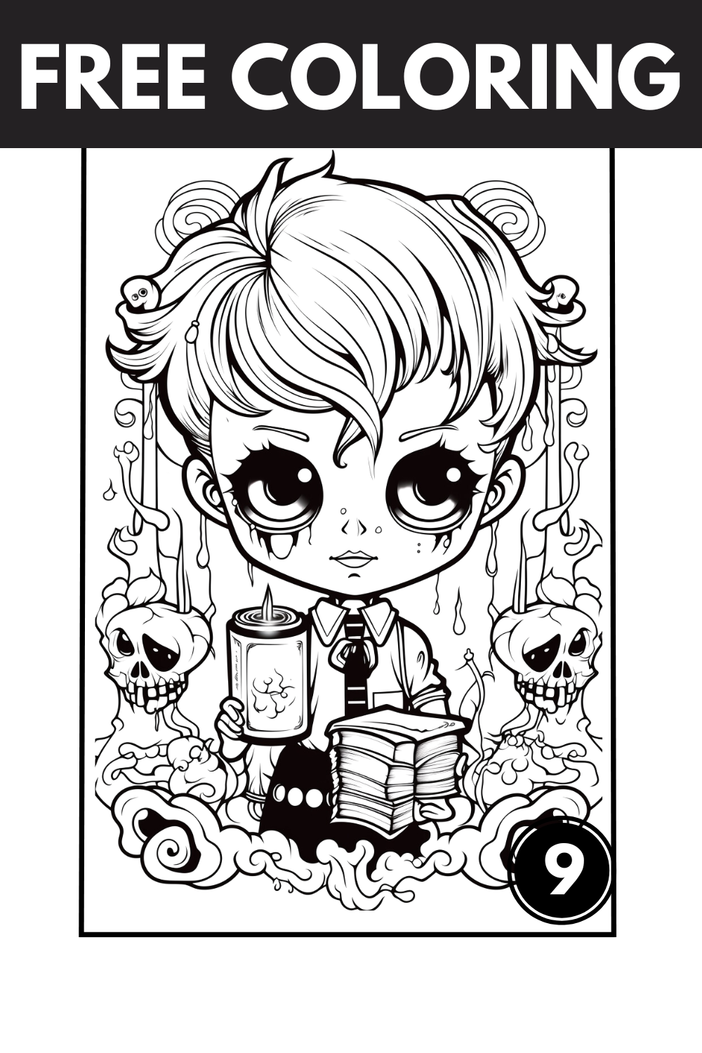 Gothic Creepy Coloring Pages: Cute Coloring Sheets feature image with boy in creepy scenery