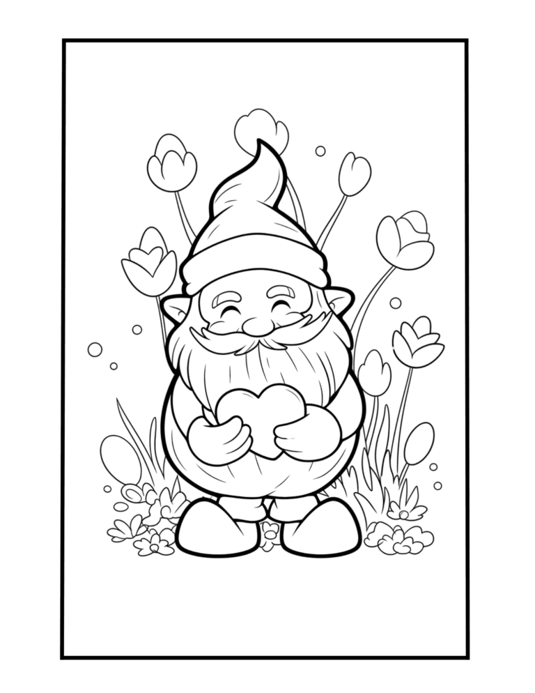 cute coloring sheet with gnome and heart