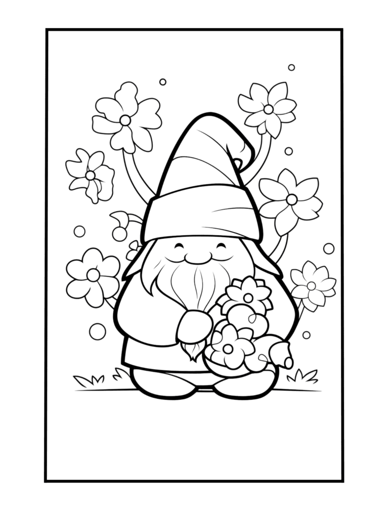 spring coloring page with gnome