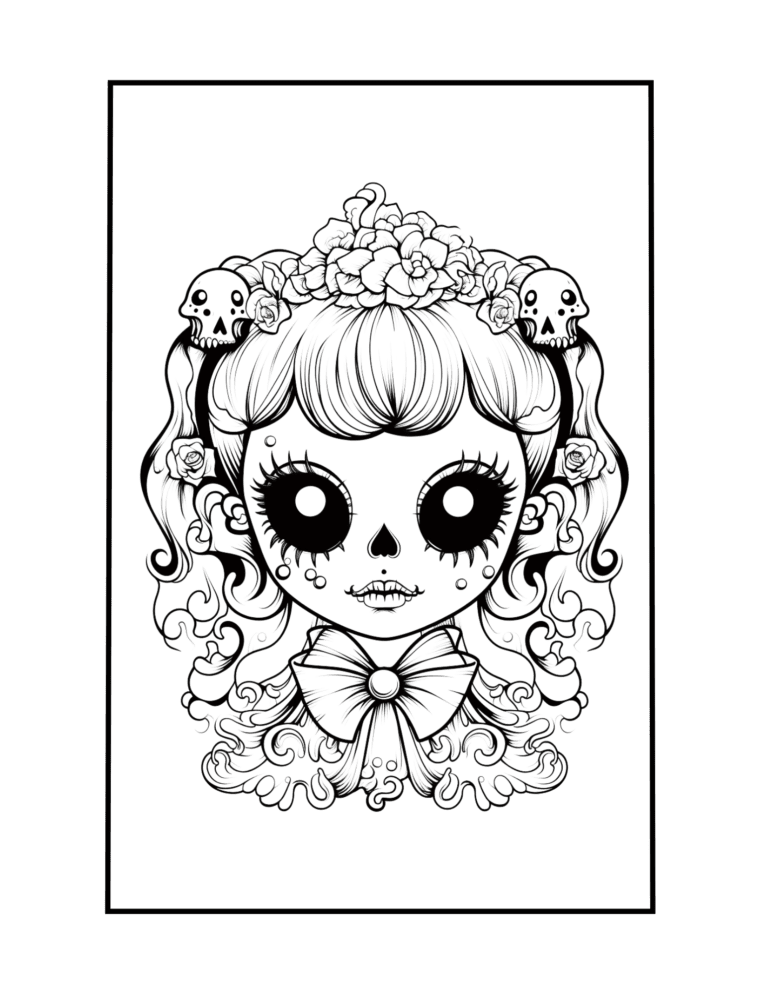 creepy cute skull girls coloring page