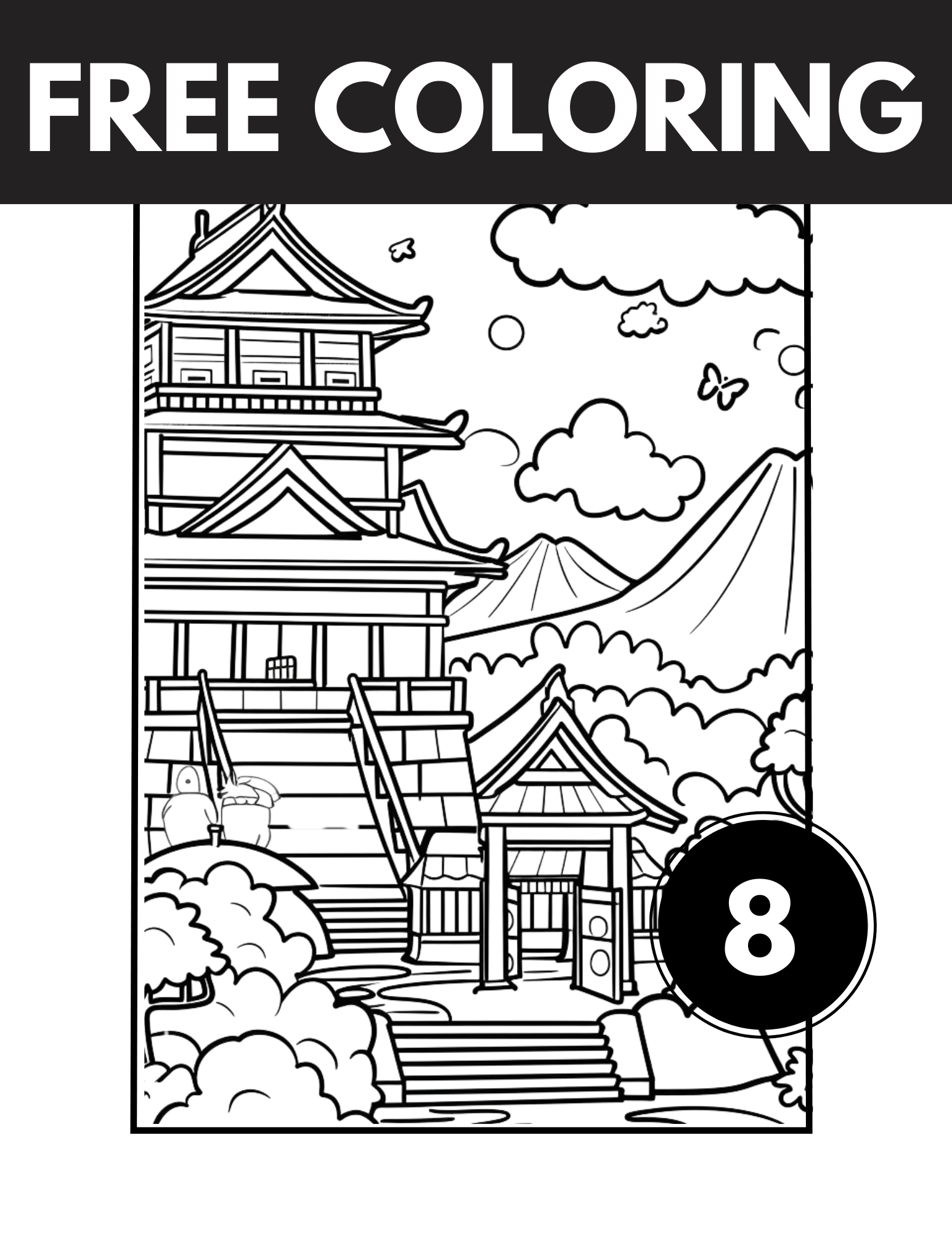 Japanese Coloring Book: 8 Free Printable Landscape Coloring Pages