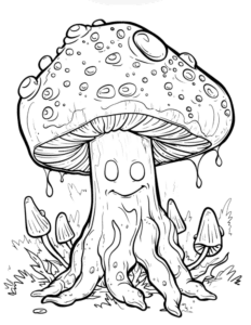 coloring page with mushroom creatures