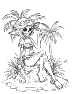 skeleton on tropical island coloring sheet