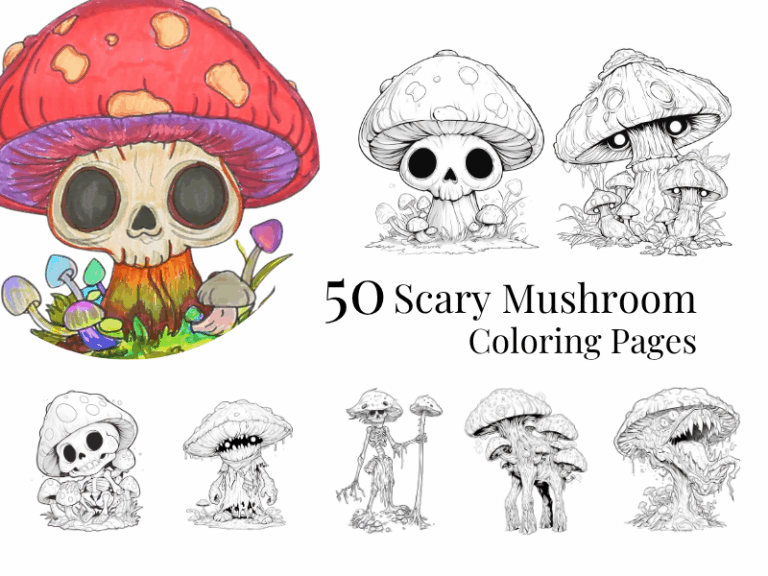 50 Mushroom Coloring Pages for Spooky Halloween | Printable Coloring for Adults to Stress Relief