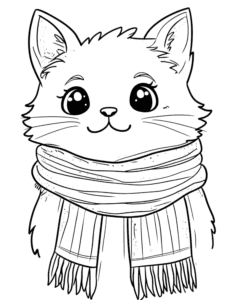 Cute Cat in Scart | cozy coloring page for autumn