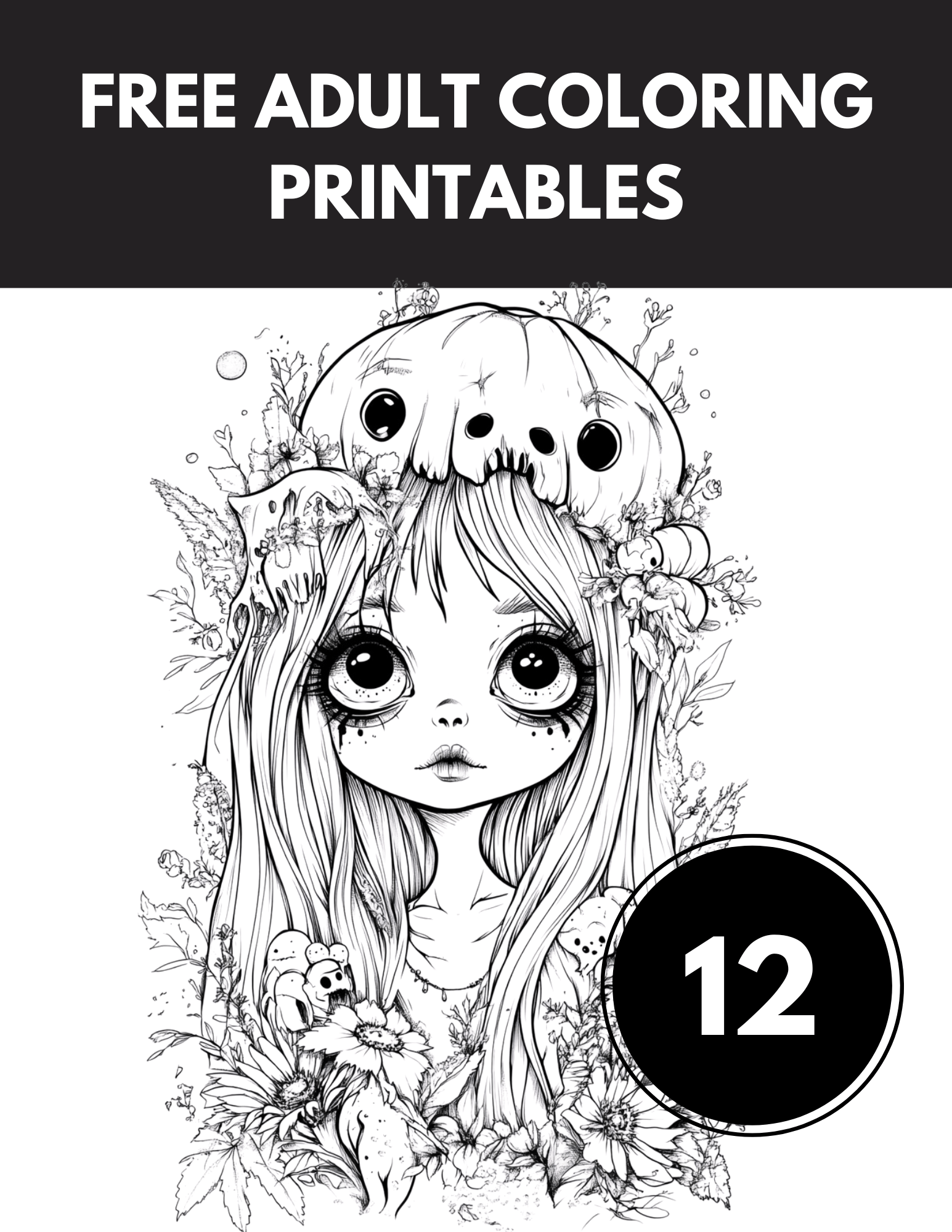 Free adult coloring printables feature image for 12 spooky coloring pages with baddie girls in gothic style