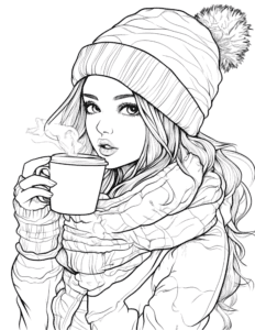 Adorable winter girl drinks coffee, free pdf printable