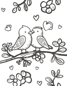 Two sweet birds sit on a branch surrounded by flowers and leaves